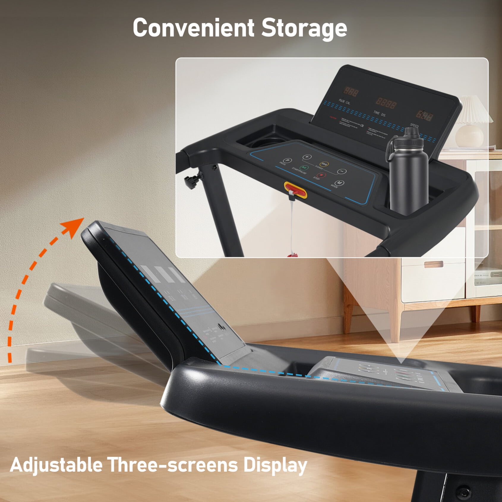 8% Incline Treadmill with Handle, 3.0HP Quiet Foldable Walking Pad Treadmill with 300 lbs Capacity, Bluetooth, Charge Station and Touch Screen, Black