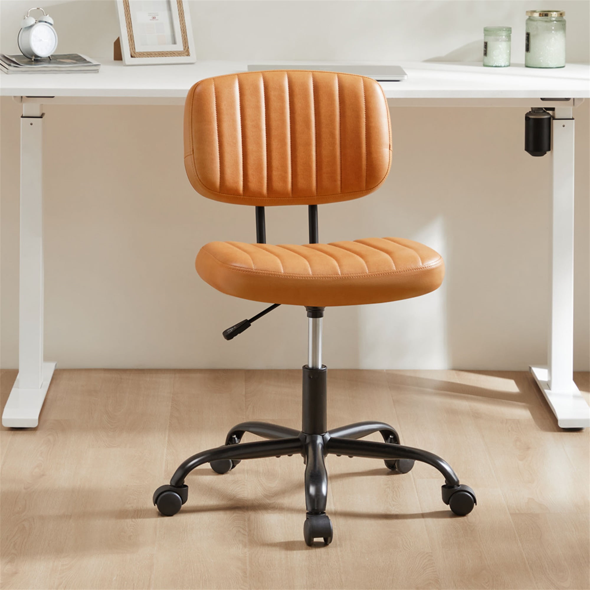 Spaco Small Home Office Chair,Cross Legged Armless Wide Adjustable Swivel Padded Fabric Home Office Desk Chair with Wheel, Brown