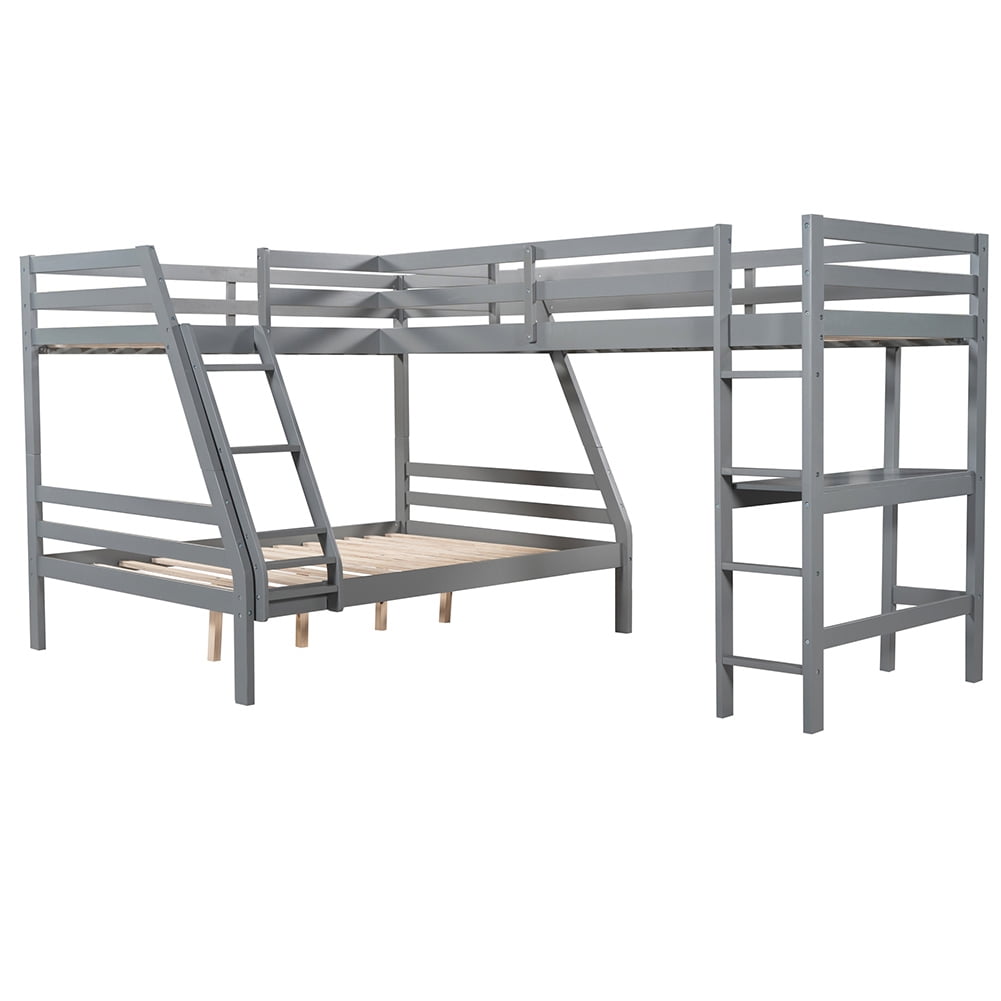 Kadyn Triple Bed Twin-Over-Twin-Over-Full Bed L Shaped Bunk Bed with Built-in Desk, Gray