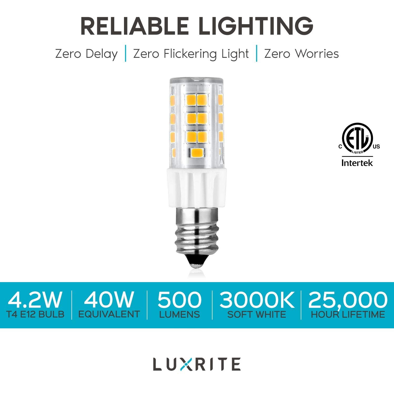 Luxrite E12 Mini Candelabra LED Bulb T4/T3, 40W Equivalent, Dimmable, 3000K Soft White, 500 Lumens, ETL Listed 4-Pack