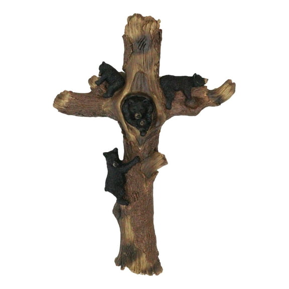 Western Playful Climbing Black Bear Cubs With Mama Bear Faux Tree Log Wall Cross
