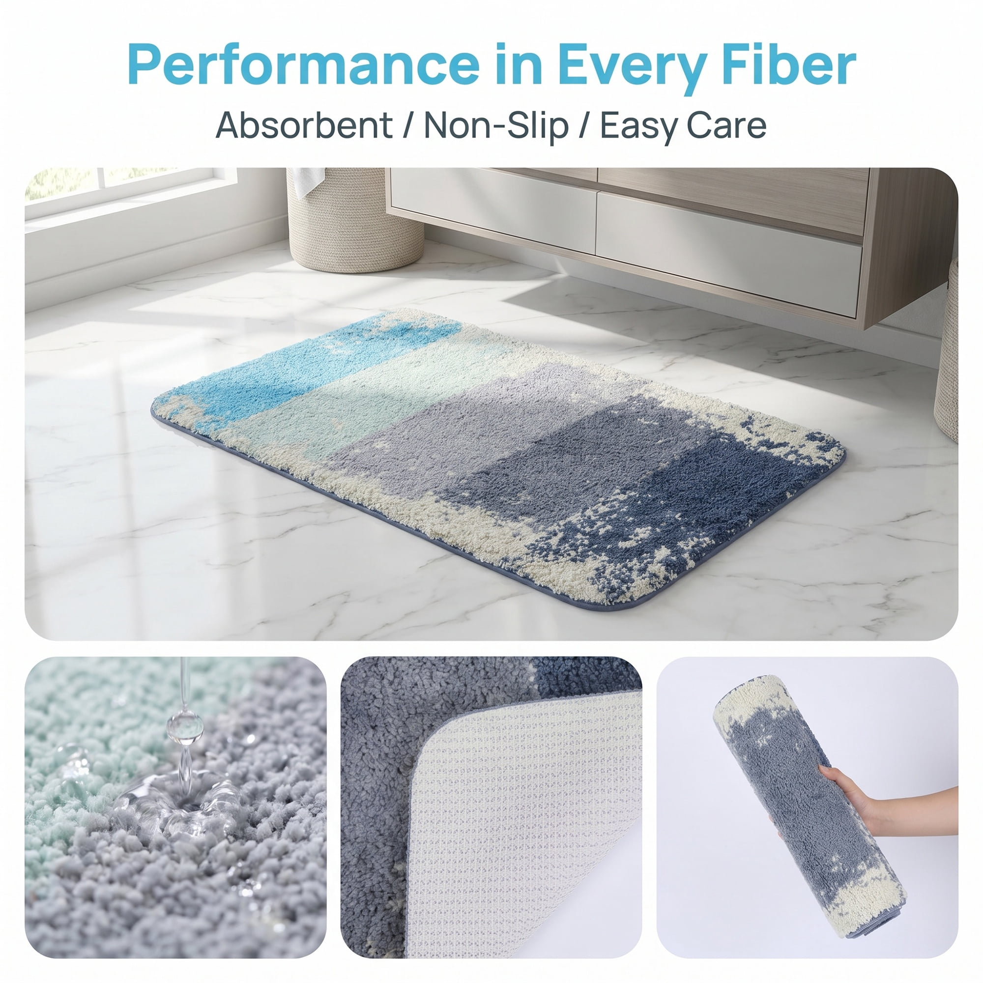 Unique Bargains Non Slip Machine Washable Plush Shaggy Bath Mat Blue 32" x 20"