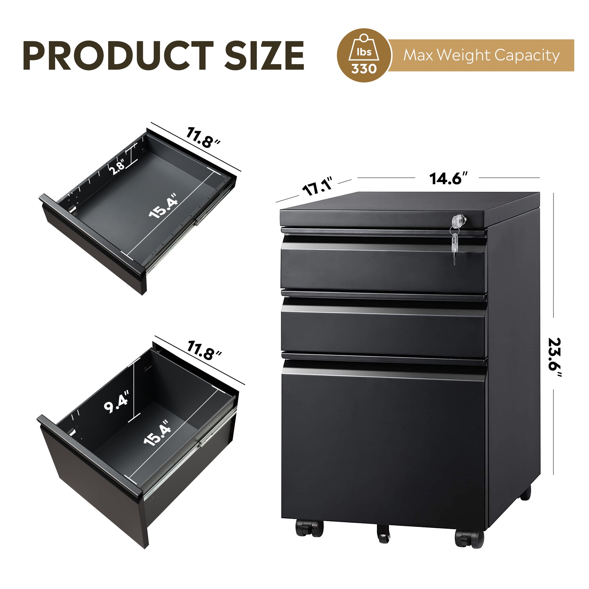 GALAXHERO 3 Drawer Metal File Cabinet with Lock(No Assembly), Mobile Printer Cabinet & Small Under Desk Filing Cabinet for Home Office, Fits Legal/Letter/A4, Black