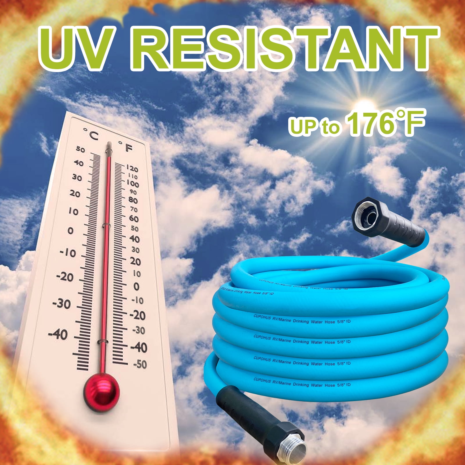 RV Drinking Water Hose 75FT, No Kinking 5/8''ID Premium Fresh Water Hose for RV, Marine, Camper, Truck, Car, Garden