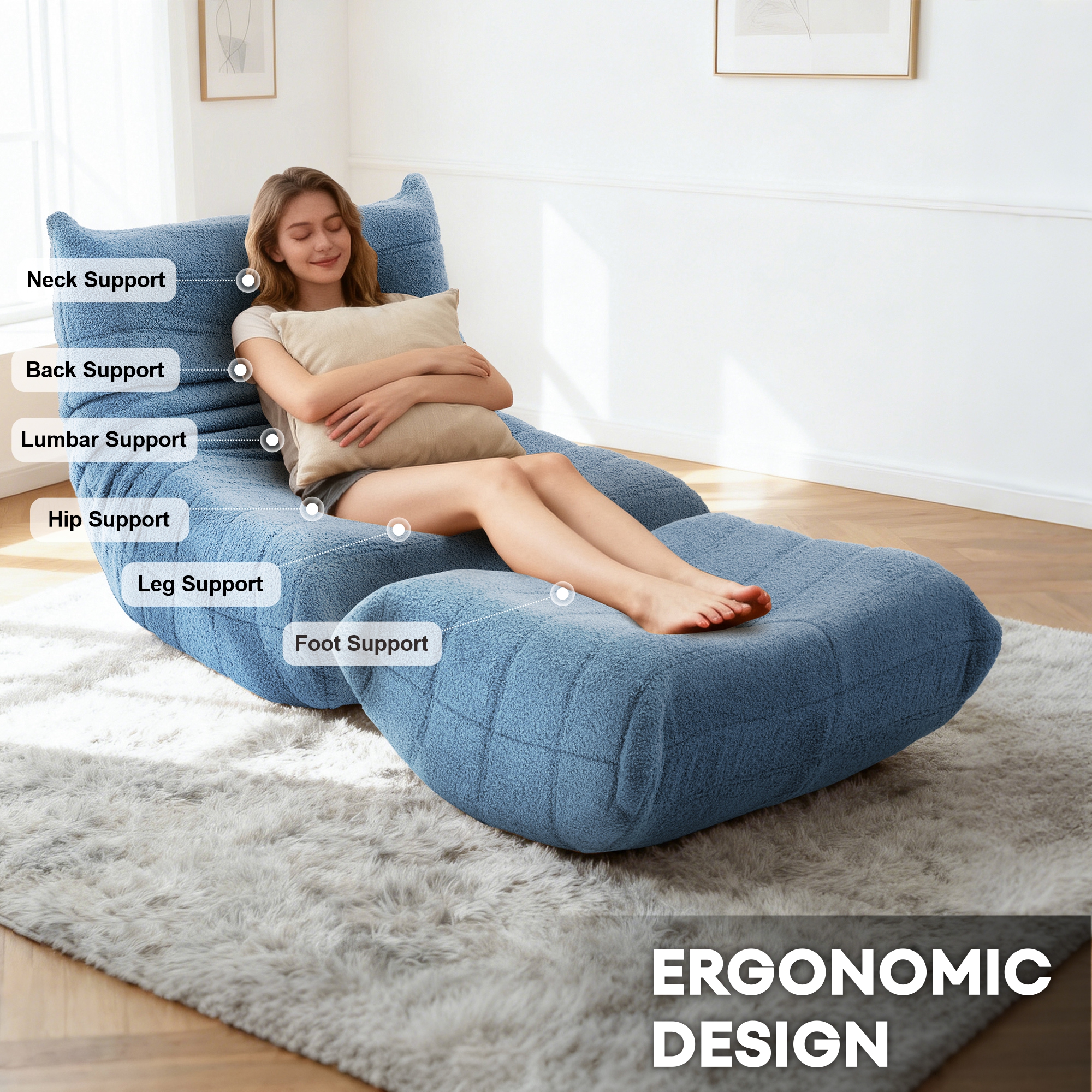 Evita Teddy Fabric Blue Gray Bean Bag Chair with Ottoman, Memory Foam Lounge Chair for Adults, Ergonomic Floor Seating Sofa for Living Room or Bedroom
