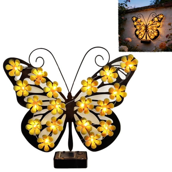 Solar Butterfly Wall Light, LED Metal Butterfly Wall Decor with Sparkling Light-Up Wings, Outdoor Hanging Solar Lamp for Garden Patio Porch Yard Fence, Waterproof Lighted Sculpture(RL Yellow)