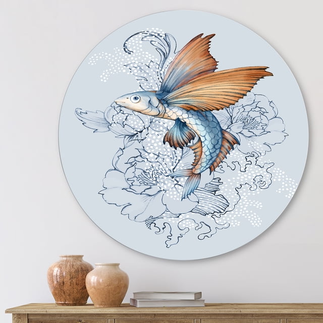 Designart - Flying Fish On Peonies - Traditional Metal Circle Wall Art