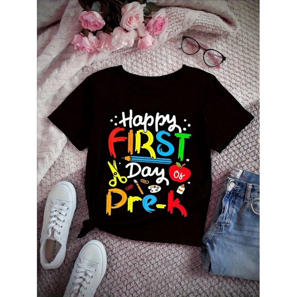 Happy First Of Pre-K Boys Girls Back To School T-Shirt Comfy, Breathable Cotton Tee With Colorful Print, Soft Crew Neck, Casual For Youngsters' Clothing, Everyday Clothing | Playful Design