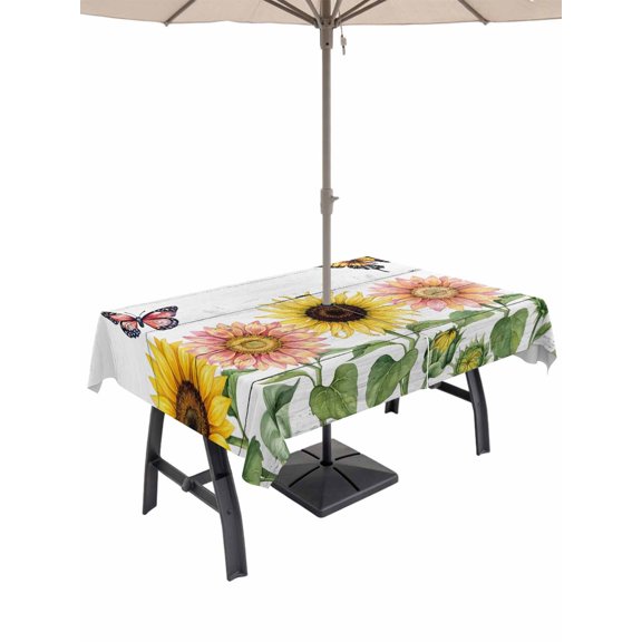 Outdoor Tablecloth with Umbrella Hole for Patio/Picnic/Party/Camping, Watercolor Floral Waterproof Table Cloth Rectangle Table Cover Washable, Summer Sunflowers Butterfly Rustic Wood Gray (60"x 120")