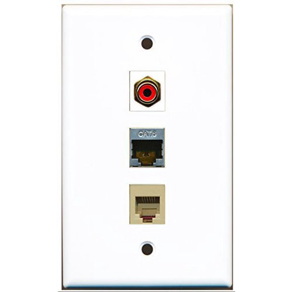 RiteAV - 1 Port RCA Red and 1 Port Phone RJ11 RJ12 Beige and 1 Port Shielded Cat6 Ethernet Wall Plate