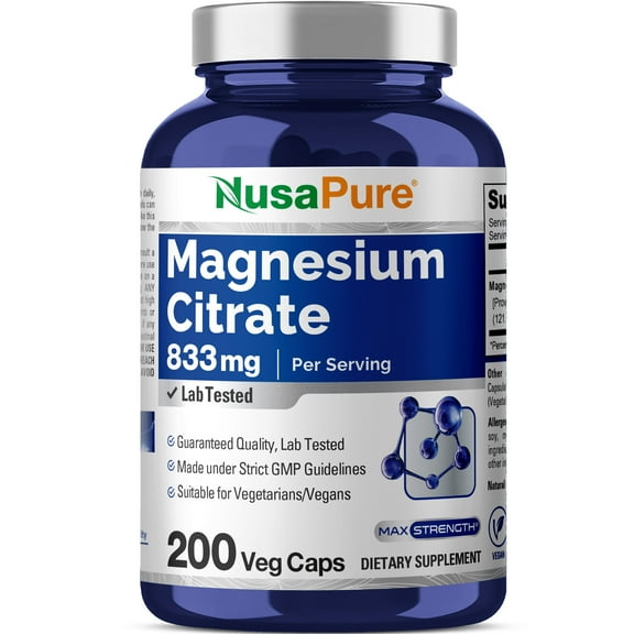 NusaPure 833mg Max Strength Magnesium Citrate Dietary Supplement with 200 Veggie Capsules, Dietary Supplement for Unisex Adult Health & Wellness