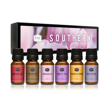 Southern Set of 6 Fragrance Oils - Premium Grade Scented Oil - 10ml - Pecan Pie, Peaches & Cream, Magnolia, Wisteria, Woodbine, and Sweet Pea