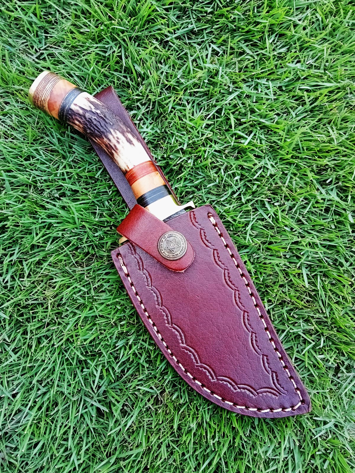 Custom Handmade Damascus Steel Skinning knife Stag Antler Handle With Belt Leather Sheath