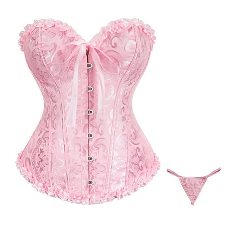CHCNHAC Corset Lingerie for Women Floral Pleated Trim Corset Bodysuit Satin Boned Lace Up Strapless Shapewear Sexy Plus Size Renaissance Costume Pink 6XL