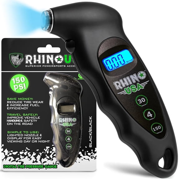 Rhino USA Digital Tire Pressure Gauge 150 PSI, 4 Ranges, Ergonomic Design w/Lighted Nozzle & LCD Backlit Display