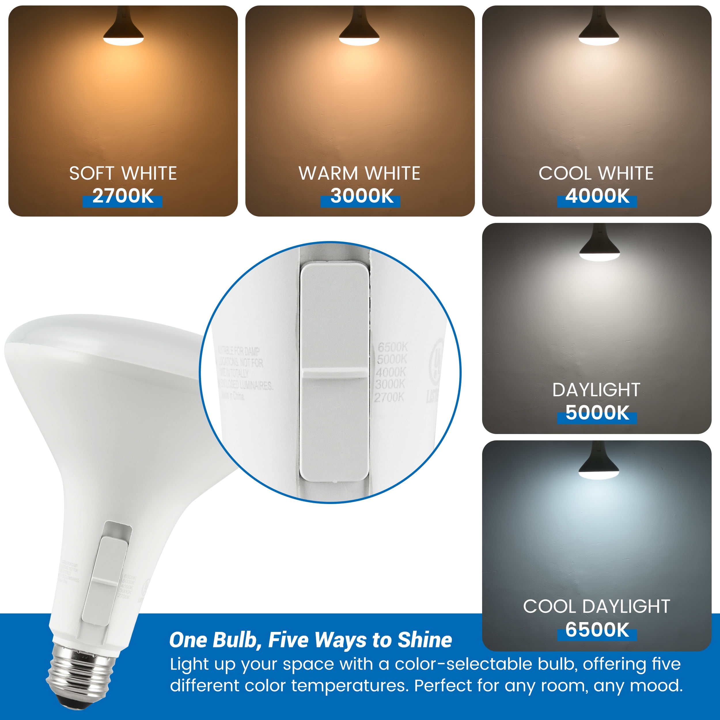 Great Value BR40 LED Flood Light Bulbs, Selectable Brightness & 5 Color Temperatures, 75W/90W/120W Equivalent, E26 Base, 2‑Pack (CEC Title 20)