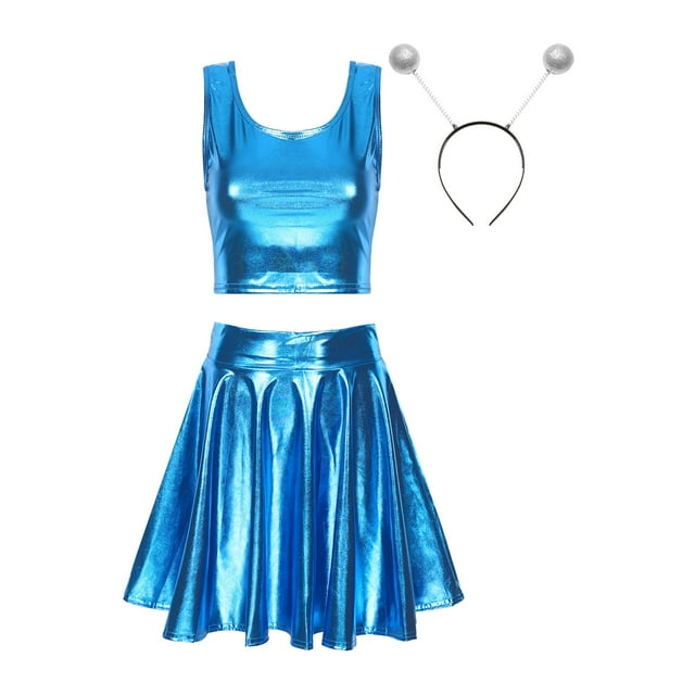 iiniim Costume Holographique pour Femmes d'Extraterrestre Fille de l'Espace Halloween Jeu de Rôle Déguisement Carnaval Fête Tenue de Boîte de Nuit BleuBC L