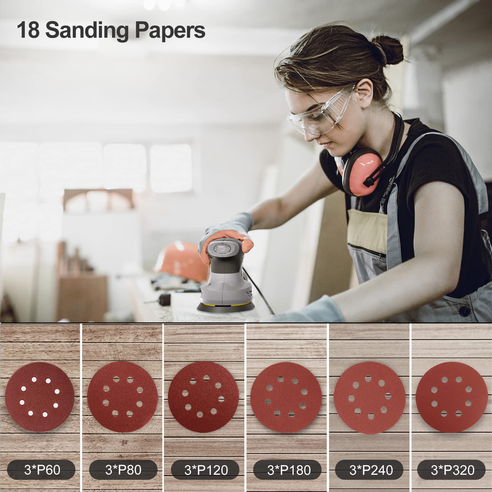 Jellas 5-Inch Random Orbital Sander with 18-Piece Sandpaper Set, 13000 RPM 6-Speed Adjustable Sander with High-Performance Dust Collection, Motor & Included Dust Bag for Flawless Wood Finishing