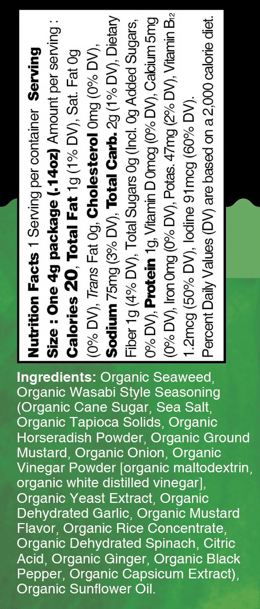 (4 pack) Ocean's Halo, Organic Trayless Seaweed Snack, Wasabi, Vegan, No Plastic Tray, 1pk Nori Sheets, Shelf-Stable, 0.14 oz