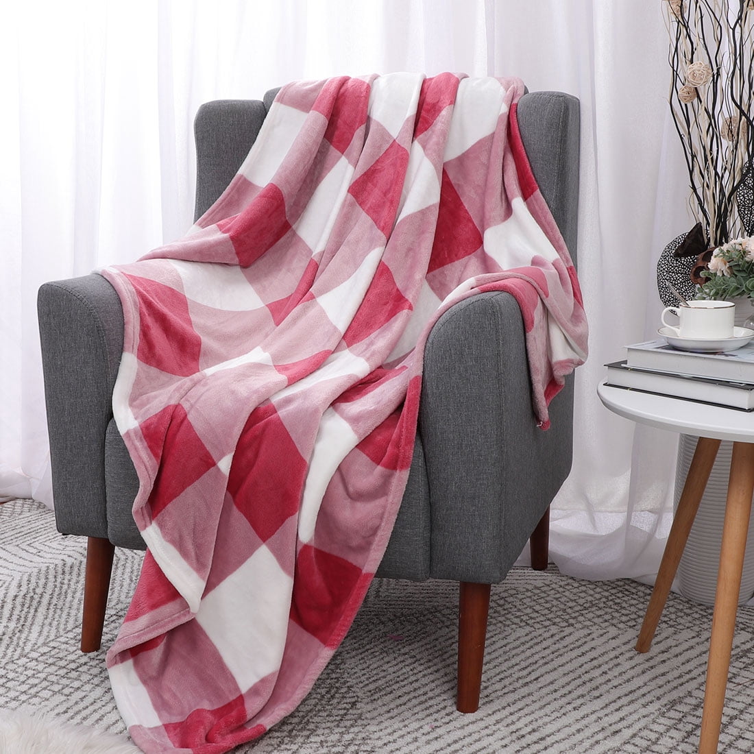 Unique Bargains Plush Buffalo Reversible Plaid Flannel Fleece Blanket, Twin, Blush+White