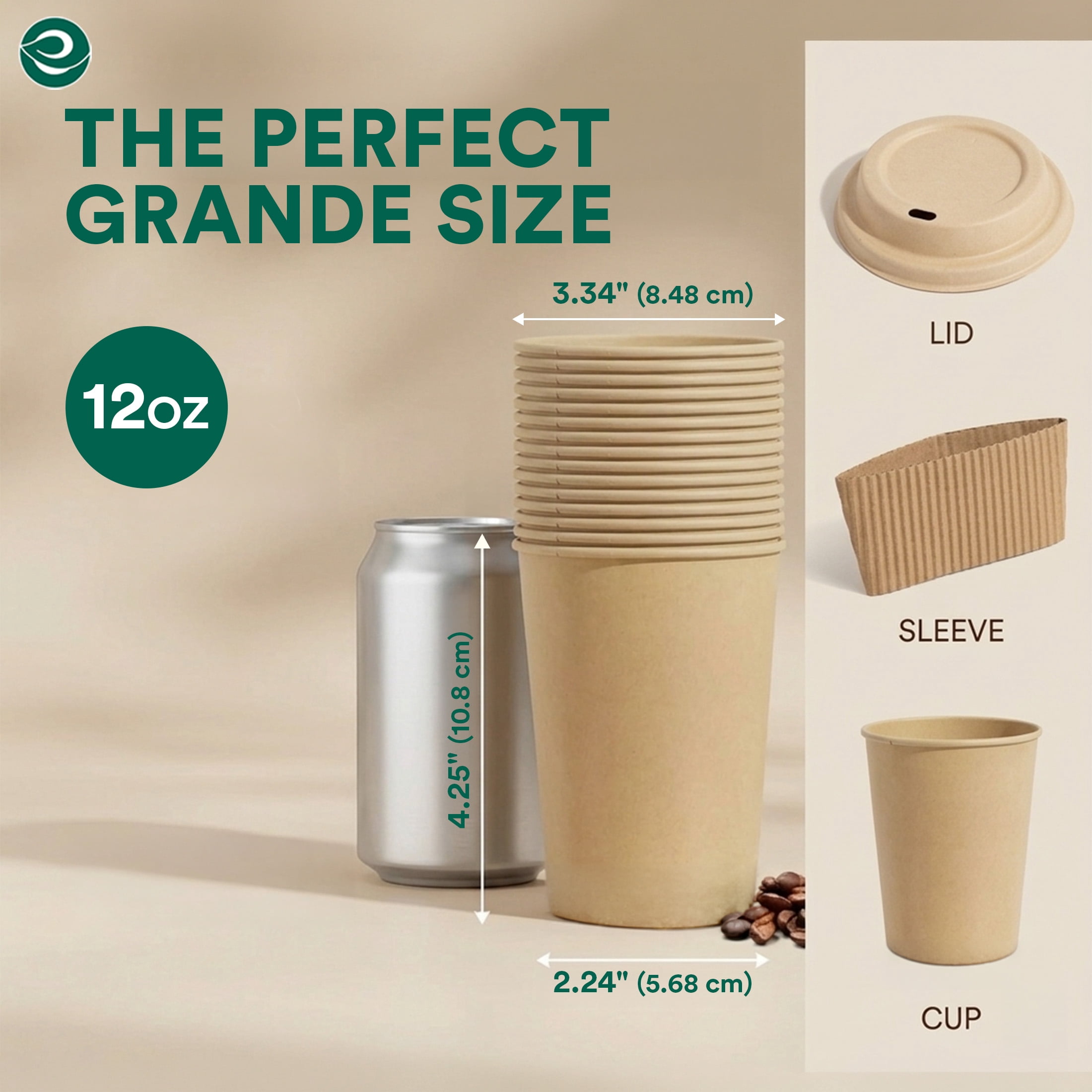 Compostable 12oz Bagasse Hot Cups with Compostable Sleeves and Lids, 50 Count