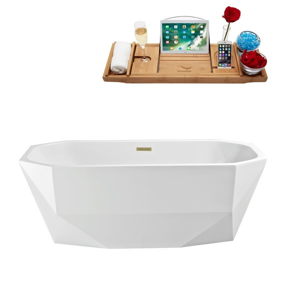 67" Streamline N622BBR Soaking Freestanding Tub and Tray With Internal Drain in Brushed Brass