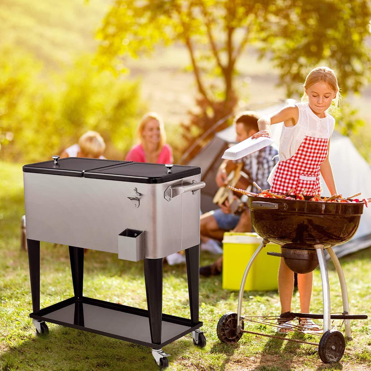 RELAX4LIFE Rolling Cooler 80 Quart Stainless Steel W/Shelf for Party,Picnic Outdoor Beverage Bar Portable Ice Chest