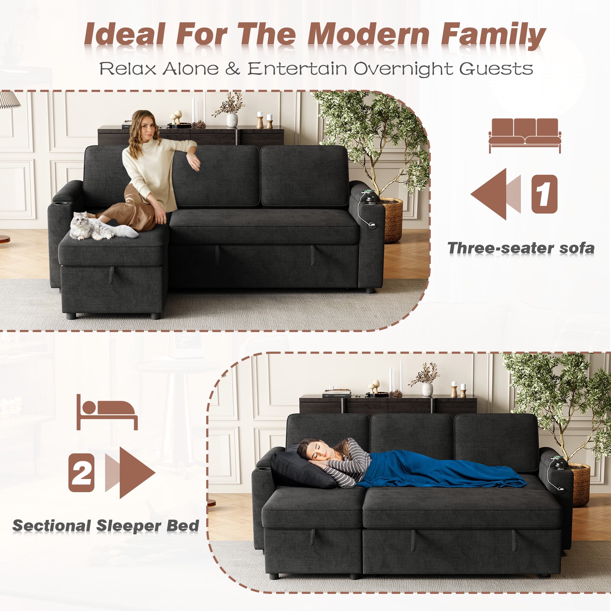 Dinosisco 3-in-1 Sectional Sleeper Sofa with Storage Chaise & Armrests, USB, Cup Holders, 85.8" Convertible L-Shaped Sofa Bed for Living Room, Apartment, Black Linen