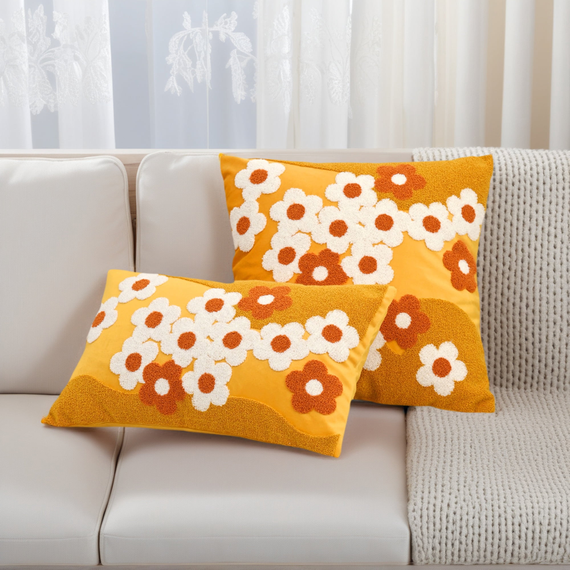 Unique Bargains Pack of 2 Velvet Embroidery Floral Throw Pillow Covers 20" x 12" Yellow