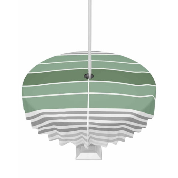 Outdoor Tablecloth with Umbrella Hole for Patio/Picnic/Party/Camping, Sage Green Stripes Waterproof Table Cloth Round Cover Washable, Modern Spring Abstract Striped Dia 54"