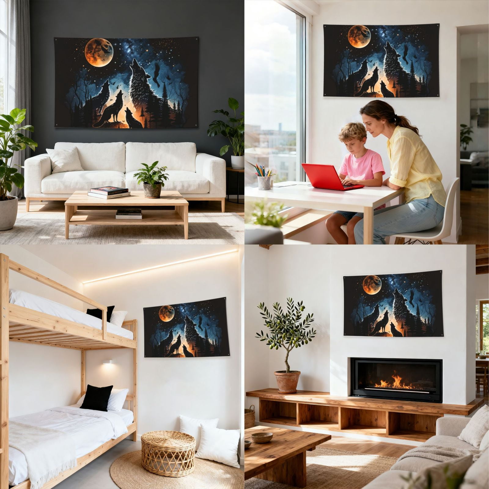 Wolf Howling Wolves Moon Night Stars Four Hole Decorated Banner Flag for Garden Yard Home Decoration Indoor Outdoor 4x6 Ft