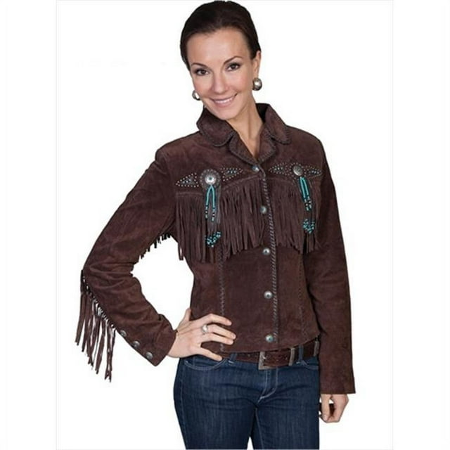 Scully L152-86-XL Ladies Fringe & Beaded Leather Jacket - Chocolate- XL