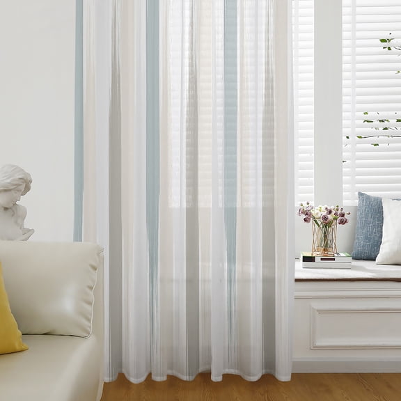 Teal Beige Brown Semi Sheer Curtains Drapes for Living Room,Bedroom,French Doors Window 96 Inches Long,Modern Oil Painting Striped Abstract Art Rod Pocket Chiffon Curtain Drapery Voile Drape Panel