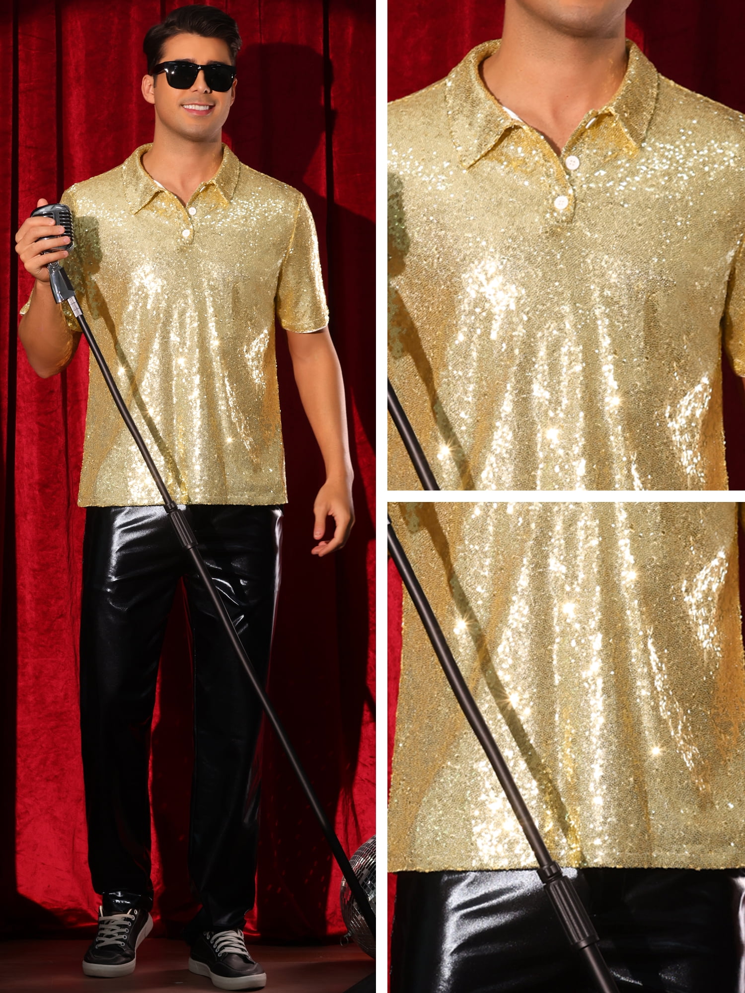 DARING DIVA Men's Sequin Short Sleeve Sparkle Prom Glitter Collared Polo Shirts XL Gold