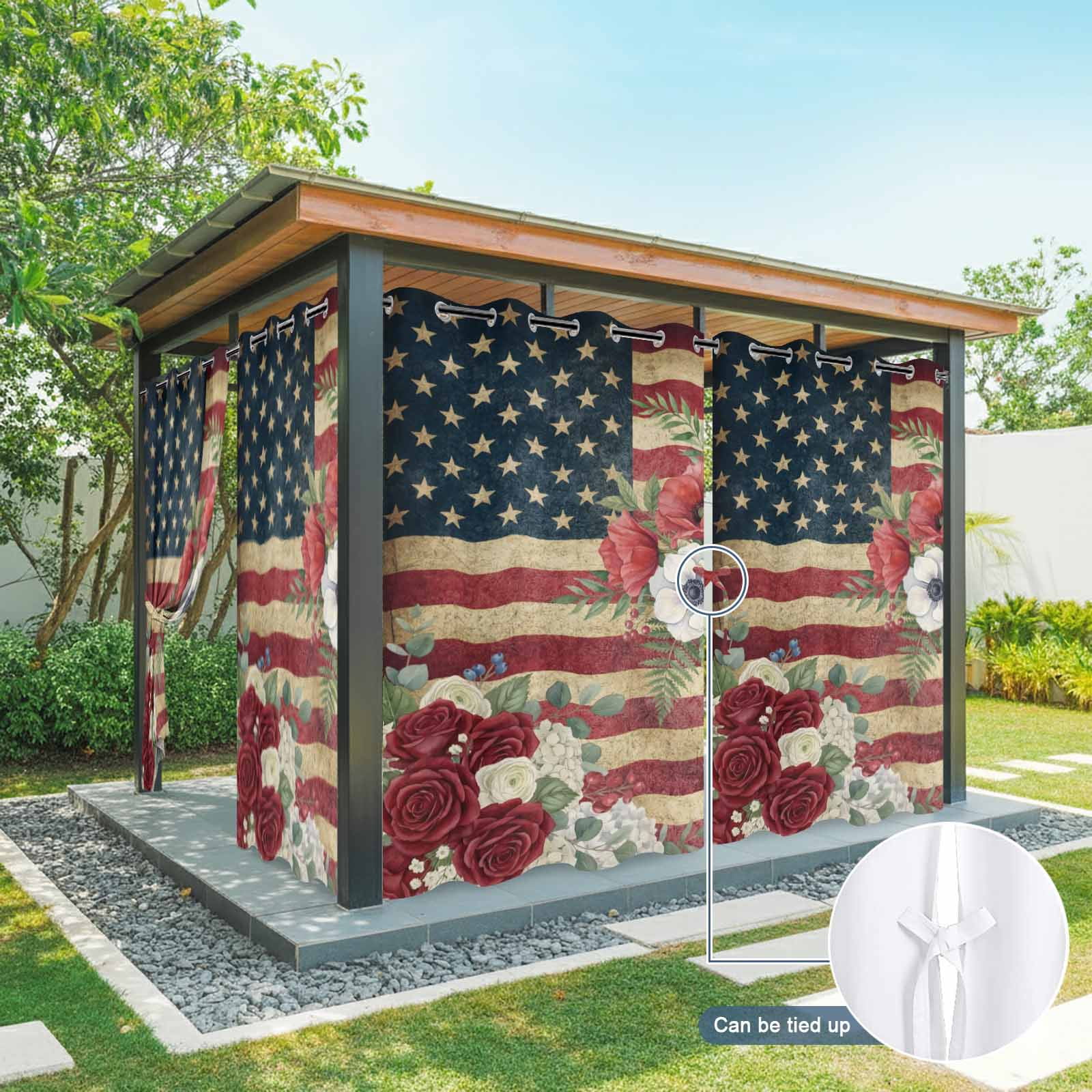 4th of July Outdoor Curtains for Patio, Patriotic USA Flag Stars Red Flowers Leaf Rustic Sunshade Privacy Drapes Grommet Waterproof Outside Curtains for Porch/Cabana/Balcony 54"x 108", 1 Panel