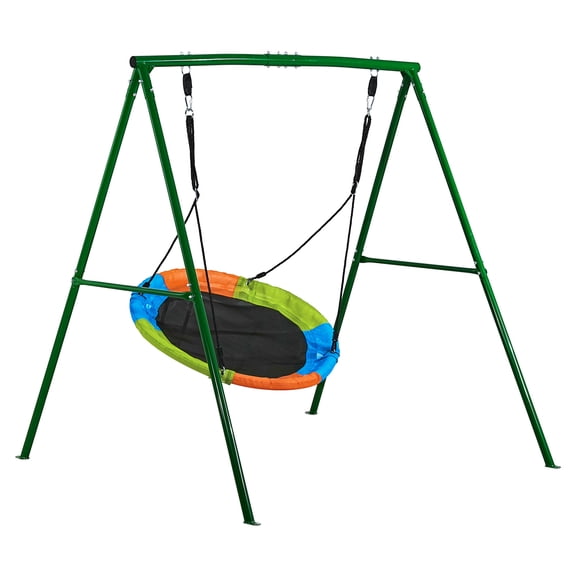 KFFKFF Swing Set for Backyard, 40-inch Saucer Swing Seat with Durable Metal A-Frame Stand, 440 lbs Weight Capacity, Enhanced with Spiral Ground Anchors, Swingset for Children, Green and Multicolor