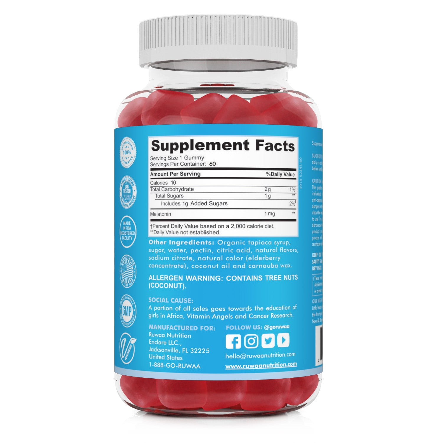 Ruwaa Nutrition Melatonin Gummies for Kids, Natural Sleep Aid, Strawberry Flavor, 60 Count