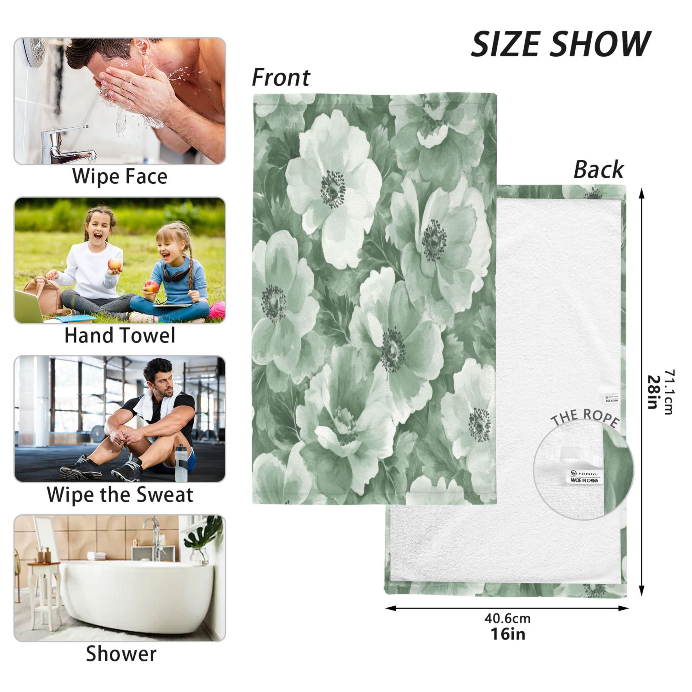 Cotton Towel Two-Piece 16x28 Inch One Sizex2 Face Towel Set Towel Set Cotton Hand Bath Towel Bathroom Beach Vibrant Green Flowers