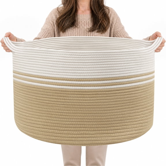 Findosom 80L Large Woven Storage Basket Cotton Rope Laundry Basket Hamper Clothes Organizer Toy Storage Blanket Baskets for Bedroom,Bathroom,Playroom,Living Room 20"x20"x13"(80L) Brown and White