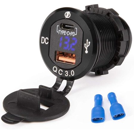 YJJSKEJI Car Charger Socket Quick Charge 3.0QC Dual Port USB Type C Outlet with Blue LED Digital Voltmeter Aluminum Power Adapter 12V/24V Waterproof for Boat Marine UTV SUV RV Truck