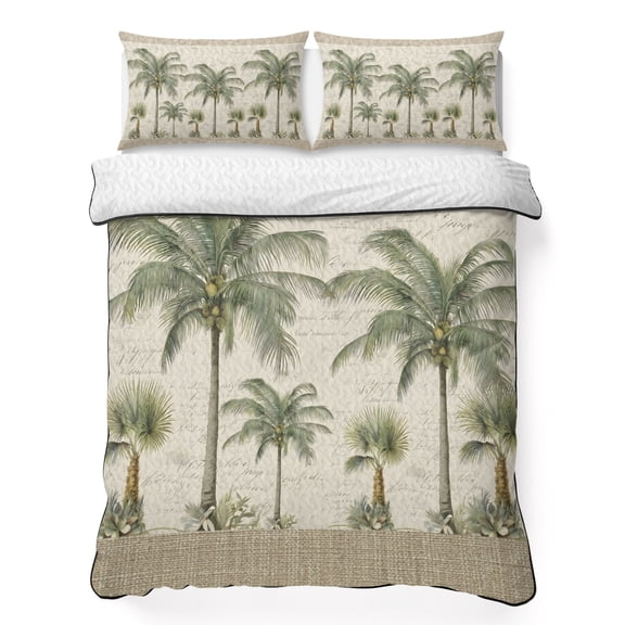 Quilts Queen Size Bedding Set, Palm Trees Vintage Lightweight Quilted Comforter, Summer Tropical Coastal Beige Soft Reversible Bedspread Coverlet with Pillow Covers for All Season, 90" x 96"