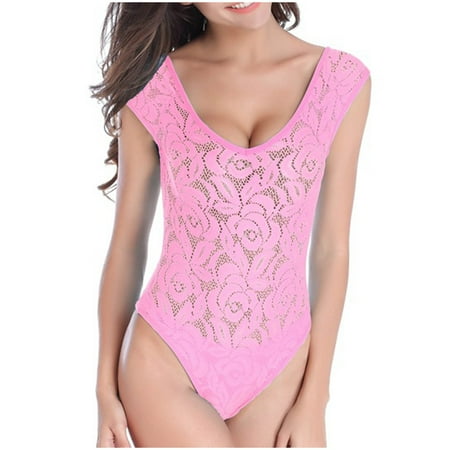 Arnsht Swimsuits for Women Fashion Lace Print Deep V One Piece Bathing Suits Backless Cheeky Swimwear Semi Thong Bikini Pink M