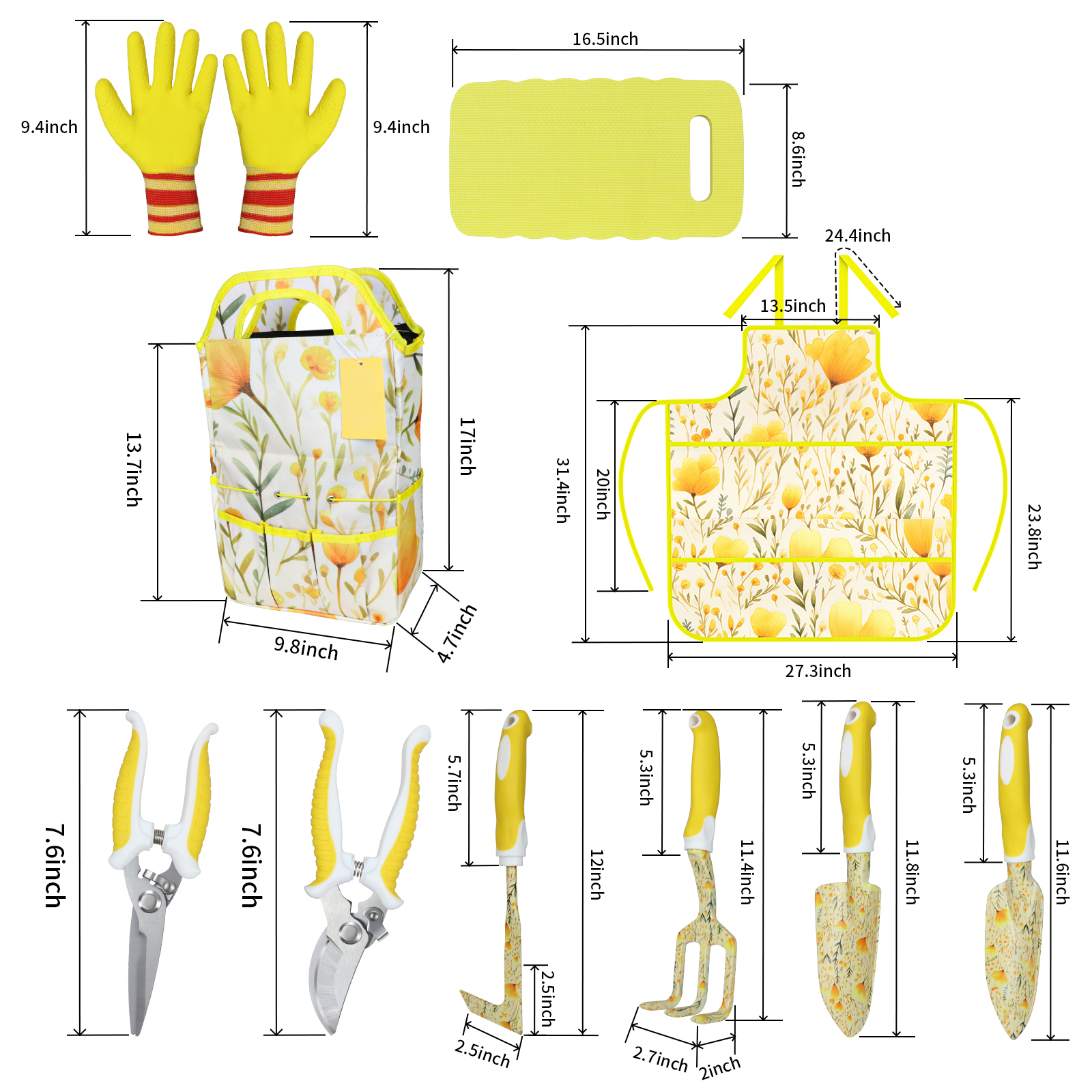 ZUEXT Yellow Garden Tool Sets 10-Piece, Heavy Duty Gardening Hand Tools with Non-Slip Ergonomic Handle, Flower Print Garden Tool Bag, Gardening Gifts for Women, Plant Lover Gifts for Mom Grandma