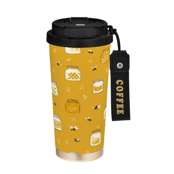 500ml Stainless Steel Coffee Mug with Portable Black Strap Vacuum Insulated Ceramic Coated Coffee Tumbler Honey Jars and Bees Pattern