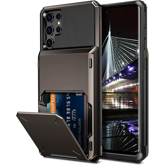 for Galaxy S22 Ultra Case Wallet Credit Card Holder 4-Card Slot Hidden Back Pocket Dual Layer Hybrid Rugged Rubber Bumper Protective Hard Shell Cover for Samsung Galaxy S22 Ultra Gun