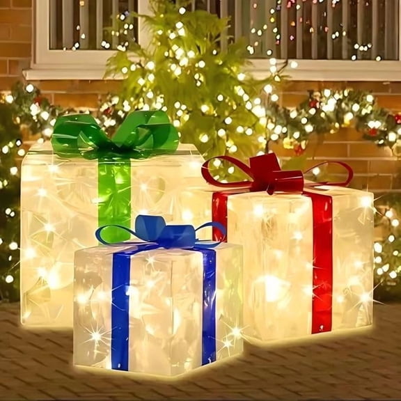 3 Pack Lighted Christmas Gift Boxes, 8.5"/7"/6" 70 LED Warm White Flashing Decor, Indoor Outdoor Holiday Ornament