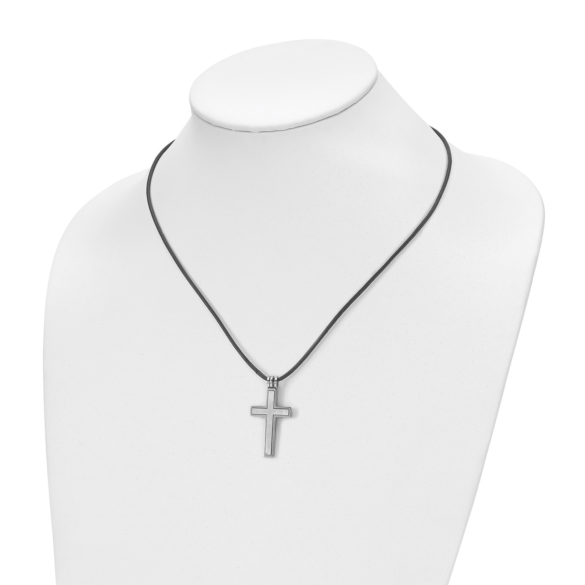Stainless Steel Cross Pendant Necklace on 18 in Black Leather Cord for Men