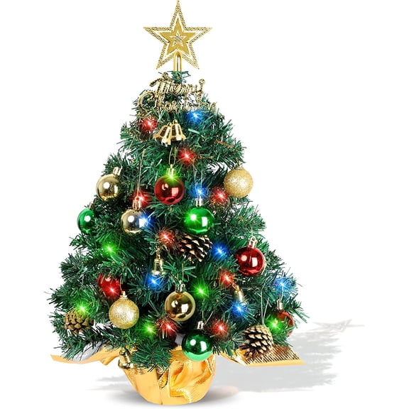 Mini Christmas Tree with Lights, Cuopluber 23 in Small Tabletop Tree Desk Decor, Little Christmas Tree With with Pine Cones Ornaments For Holiday Indoor DIY Xmas Decorations