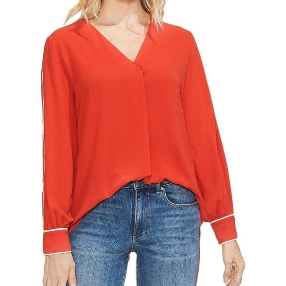 Vince Camuto Womens Piped Pullover Blouse, Orange, Large