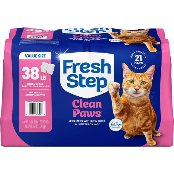 Fresh Step Clean Paws Multi Cat Clumping Litter with Febreze Freshness, 38 lb (4 x 9.5 lb Pouch)